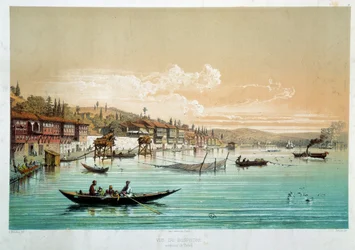 Det osmanske riket: "" utsikt over Bosporos i nærheten av Bebek i Tyrkia"" Fiskescener. Gravering av Paris fra 1800-tallet, dekorativ kunst