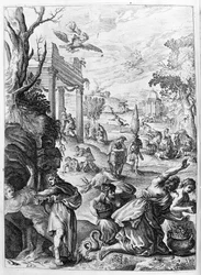 Ovid (Ovidius) - illustrasjon til bok 15 - (P. Ovidii Nasonis Metamorphose libri XV um notis TH. Farnabii.) notat av Thomas Farnaby (Farnabia) (1575-1647)