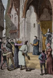 PERKIN WARBECK (c1474-1499) flamsk bedrager; bekjente å være Richard, hertugen av York, den andre av Edward Ivs sønner - Leser tilståelsen hans utenfor Westminster Hall, London