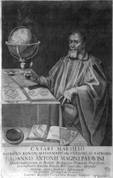 Padova Giovanni Luciano Magini (Antonius Maginus på latin), matematiker og astronom på 1500-tallet på kontoret sitt med astronomapparater. Gravering 1617.