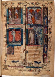 Opplyst side hentet fra manuskriptet ""Le Roman de la Rose"" av Guillaume de Lorris (ca. 1200-1238) og Jean de Meun (Meung) (1240-1305) ca. 1353 Sveits Bibliotheque de Geneve
