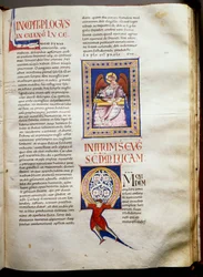 Side av en opplyst bibel (Ms.723-Foglio 162r.) fra begynnelsen av det 12. århundre. Dim. 52,8x38 cm Roma, Biblioteca Casanatense
