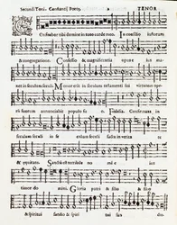 Side med musikalsk partitur av Praise the Lord Psalm dedikert til Palestrina av Costanzo Porta