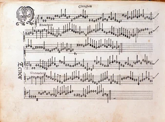 Side med musikalsk partitur av Harmonice Musices Odhecaton av Ottaviano Petrucci (1501)