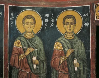 Malerier av St. Cosmas med St. Damian, Panagia Ties Asinou-kirken, Nikitart, Kypros