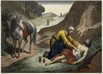 Lignelsen om den barmhjertige samaritan - Samaritanen stanset på veien for å redde den døende mannen. Anonym gravering fra midten av 1800-tallet.