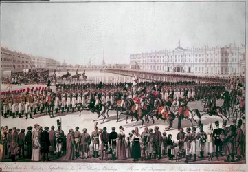Parade av det russiske infanteriet. Trykk fra begynnelsen av 1800-tallet.