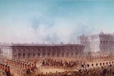 Parade med Alexander II foran Anetchkoff-palasset i St. Petersburg i 1856. Illustrasjon av Karl den Store (1800-tallet) St. Petersburg. Chateau De Peterhof