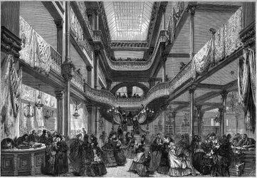 Paris 1872: interior of new shops, “” At cheap””.