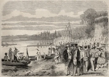 Parisiske kanopadlere. Regates de Saint-Cloud (Saint Cloud) i 1857. Gravering i «Le Monde illustrious»» fra 1857. Privat samling.