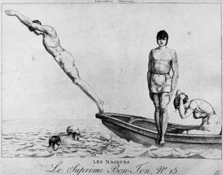 Parisisk tegneserie: svømmere, menn som dykker fra en båt - den suverene Bon-Ton, nr. 15, Musee Carnavalet