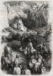 Maurernes passasje over Pyreneene - stikk fra 1851 fra «Den rasende Roland» (Orlando furioso) (1500-tallet) av Ludovico Ariosto - utgave oversatt fra italiensk ved greven av Tressan og utgitt av Gustave Havard i 1851