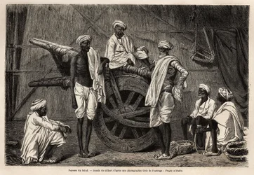 Bønder fra Scind (Punjab-regionen, India), ved siden av landbruksmaskineriet deres. Gravering for å illustrere reisen til Pandjab og Kashmir, historie av Guillaume Lejean, i 1866, publisert i "Le tour du monde, nouveau journal des voyages", under regi
