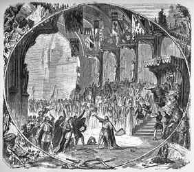 Fremførelse av "" Tannhauser"" av Richard Wagner på Paris Opera i 1861. Sluttscene av andre akt. Alphonse-tegning av Neuville.
