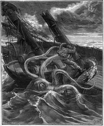 Perilleous Adventures Of Narcissus Nicaise In Congo - by Armand Dubarry 1836 -1910 - he had in front of him a formidable marine monster (Giant octopus) (Giant octopus) - engraving in Journal des voyage de 1881 -