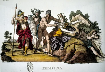 Perseus og Medusa, en av de tre Gorgonene - i Mythological Dictionary