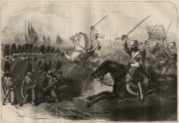 Persisk Anglo (anglo-persisk) krig (1856–1857): anklagen mot det tredje britiske indo-kavaleriet kommandert av kaptein Forbes under slaget ved Koosh-Ab (Koosh Ab, Kooshab) 8. februar
