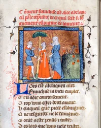 ""Karakterer i samtale"" Opplyst side fra manuskriptet ""Le Roman de la Rose"" av Guillaume de Lorris (rundt 1200-1238) og Jean de Meun (Meung) (1240-1305) rundt 1365 University of Chicago Library States forent