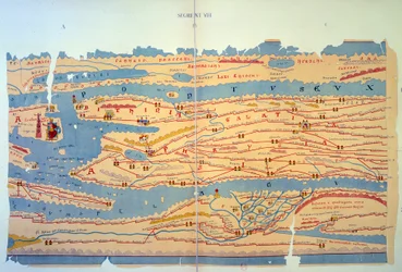 Peutingerkartet som viser de romerske veiene i Egypt og Tyrkia. Veikart fra 1200-tallet basert på et kart over Romerriket fra 300-tallet. Paris, BN.