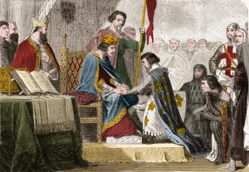 Philip IV the Bel (1268 - 1314), King of France gave his daughter Isabelle of France (1295-1358) in 1308 in marriage to the son of King Edward II of England (1284-1327).Engraving in “” Histoire De France En Cent Paintings by Paul Lehugeur “” 1891.