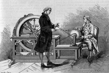 Physics experience in the 18th century: glow produced by an electric machine. (From Abbe Nollet). Engraving in “” La Nature: revue des sciences et de leurs applications aux arts et a l