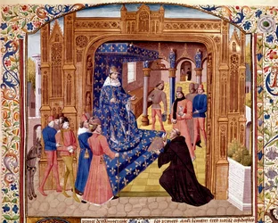 Pierre de Bressuire tilbyr boken sin til Johannes II den gode på øya Cite i Paris Miniature fra "" Histoire romaine"" (Ad urbe condita) av Titus Live (59 f.Kr.-17 e.Kr.) (Titus Livius), oversatt av Pierre Bressuire (ms. 310) 1450-1500 Chantilly, muse