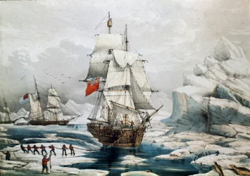 Polarekspedisjon i Arktis: Engelske og amerikanske skip fanget i is (trykk fra 1800-tallet)