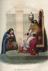 Pope Joan, who reigned between 855 and 858, wearing papal vestments. Papess Jeanne (pontificate from 855 to 858) in pontifical clothes. Engraving from 1842 in “Histoire des popes”” by Maurice Lachatre. Private collection.
