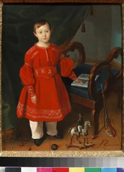 ""Portrett av en gutt i en rød kjole som poserer blant lekene sine og en alfabetbok"" (Portrett av en gutt i en rød kjole med leker og en alfabetbok) Anonymt maleri rundt 1840 Kunst- og pedagogisk leketøysmuseum, Sergiyev Posad