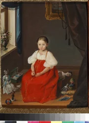 ""Portrett av en liten jente i en rød kjole som poserer blant lekene sine"" (Portrett av en jente i en rød sarafan med leker) Anonymt maleri rundt 1840 Kunst- og pedagogisk leketøysmuseum, Sergiyev Posad
