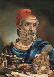 Portrett av Archimede på gresk Arkhimêdês matematiker og gresk fysiker (Syracuse, 287 f.Kr. til id, 212 f.Kr.). etter «La Ciencia y sus Hombres» av Louis Figuier. Barcelona 1881.