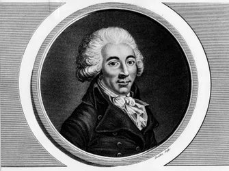 Portrett av Armand Gensonne (1758 - 1793) stedfortreder for stevnet. Gravering i "" Komplett samling av historiske malerier fra den franske revolusjonen, i tre bind.""" 1804.