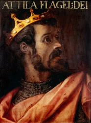 Portrett av Attila (395-453) Hunnernes konge. Anonymt maleri fra 1600-tallet av "Gioviana Collection" Florence Uffizi Gallery.
