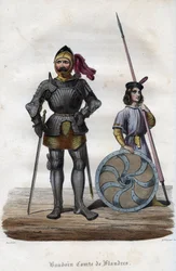 Portrett av Baldwin I, greve av Flandern (830-879), også kjent som Baldwin Iron Arm. (Baudouin I, greve av Flandern, også kjent som Iron Bras eller the Good). Gravering fra 1842 i «Histoire des popes»» av Maurice Lachatre. Privat samling.