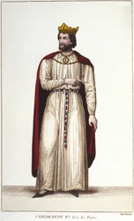 Portrett av Childebert I (v. 495-558) konge av Paris. Gravering fra 1830
