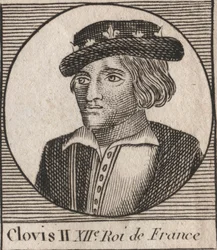 Portrait of Clovis II, King of the Francs (v.633-657) - Clovis II (c.634-657), Merovingian Frankish king of Neustria and Burgundy (639-657) - engraving from “” Instruction sur l