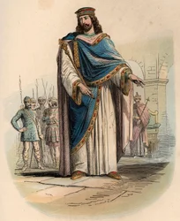 Portrett av Clovis I (v. 466 - 511), kongen av frankerne. Gravering fra 1868 i «Histoire de Belgique fra primitiv tid til slutten av regne av Leopold I»» av Theodore Juste (1818-1888). Privat samling.