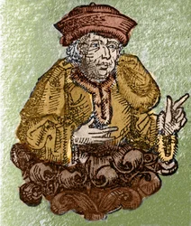 Portrett av Demosthene, på gammelgresk Demosthenes (Athene -384 - Calaurie -322), en av de store eldgamle talerne, athensk politiker gravert i "" Liber chronicarum mundi"" (Nürnbergkrøniken) av Hartmann Schedel. (Nürnberg