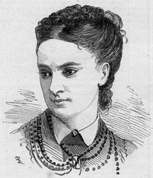 Portrett av Dinah Felix (Dinah-Felix), fransk komiker, medlem av Comedie Francaise fra 1862 til 1882. Gravering i "" Le Monde Illustré"" nr. 1168 av 16. august