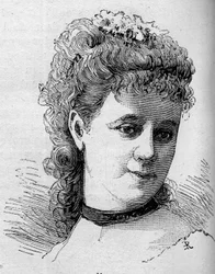 Portrett av Emilie Broisat (1848-1929), fransk komiker, medlem av Comedie Francaise. Gravering i "" Le Monde Illustré"" n¡1168 av 16. august 1879.