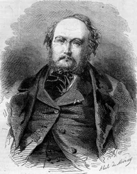 Portrett av Eugene Guinot (1812-1861), fransk journalist, romanforfatter og dramatiker. Også kjent som Pierre Durand og Paul Vermond. Gravering i "" Le Monde Illustré"" n¡202 av 23. februar 1861.