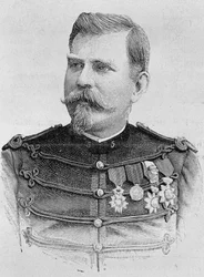 Portrait of General Joseph Joffre (1852 - 1931). Engraving of the end of the 19th century in “Histoire de France”” by H. Martin.
