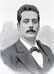 Portrett av Giacomo Puccini, italiensk komponist (1858-1924), gravering fra 1800-tallet.