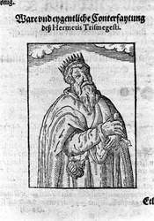 Portrett av Hermes Trimegiste (Trismegistus), astrolog. Gravering fra "Alchimia Nova" av Giovanni Battista Birelli