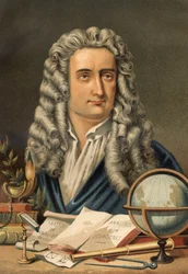 Portrett av Isaac Newton (1642-1727), engelsk matematiker, fysiker og astronom. fra «Science and its Men» av Louis Figuier. Barcelona 1881