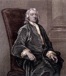 Portrett av Isaac Newton sittende i en lenestol - gravering
