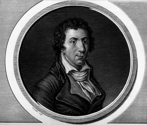 Portrett av Jacques Pierre Brissot dit Brissot de Warville (1754-1793), stedfortreder for nasjonalkonvensjonen. Gravering i "" Komplett samling av historiske malerier fra den franske revolusjonen, i tre bind.""" 1804.