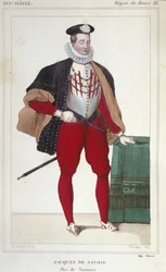 Portrett av Jacques de Savoie Nemours (1531-1585), greve av Geneve og hertug av Nemours fra 1533 til 1585. Gravering fra 1830.
