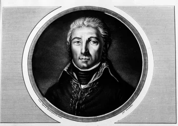 Portrett av Jean Victor (Jean-Victor) Moreau (1763-1813) general fra Armee du Rhine. Gravering i "" Komplett samling av historiske malerier fra den franske revolusjonen, i tre bind.""" 1804.