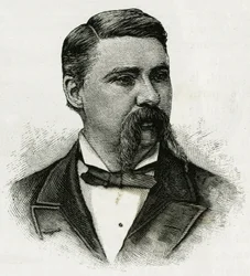 Portrett av Jerome J.Collins, meteorolog for La Jeannette-mannskapet, for oppdraget mot nord. Gravering for å illustrere "The Journey of the Jeannette"" i 1879-1881, dagbok til kaptein G.W. De Long. Publisert i Le Tour du monde, nouveau journal des voya
